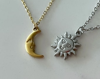 Sun and Moon Pendant Necklace | Moon Crescent Sun Charm Necklace| Gifts for Her Him Friendship Matching Couples Necklace Set Minimal