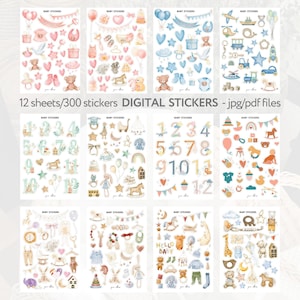 baby digital stickers for scrapbook, baby scrapbook stickers baby boy, watercolor baby stickers for planner, baby stickers scrap book