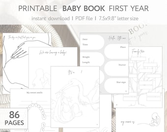 Puede incluir: Un libro de bebé imprimible de 86 páginas, con ilustraciones de una cigüeña entregando un bebé, un árbol genealógico y el primer diente de un bebé. El libro incluye secciones para registrar el nombre del bebé, su fecha de nacimiento, su peso, su altura y otros hitos.