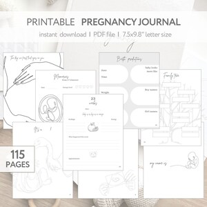 May include: Printable pregnancy journal with 115 pages, a black and white design, and a cover featuring a hand cradling a belly. The journal includes sections for memories, birth predictions, and a family tree.