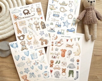 baby stickers for scrapbook, baby boy stickers, baby scrapbook stickers, boho baby stickers for baby boy, watercolor baby toy stickers