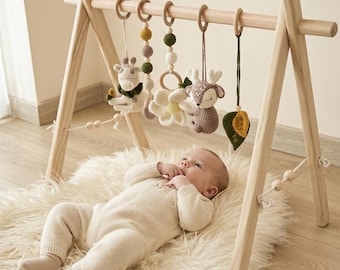 Gimnasio de juegos de madera para bebés - Juguetes Montessori para bebés, juguetes colgantes de ganchillo