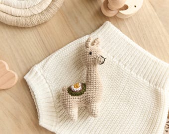 Crochet Baby Rattle toy llama - Organic Baby teether, Baby shower gift