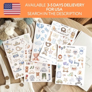 May include: Several sheets of baby stickers with various illustrations. Designs include airplanes, boats, stars, teddy bears, clouds, and the text "Hello Baby" and "boy". The stickers are in soft pastel colors.