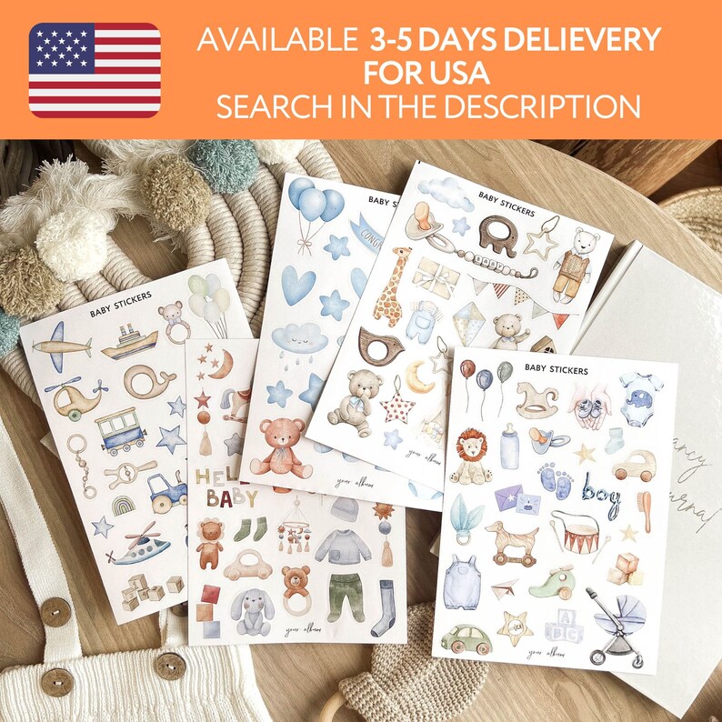 May include: Several sheets of baby stickers with various illustrations. Designs include airplanes, boats, stars, teddy bears, clouds, and the text "Hello Baby" and "boy". The stickers are in soft pastel colors.