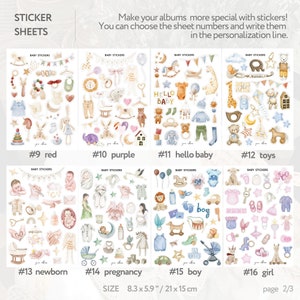 May include: A collection of baby-themed sticker sheets with watercolor illustrations. The sheets include various designs such as toys, baby clothes, and nursery items. Each sheet is 8.3 x 5.9 inches.