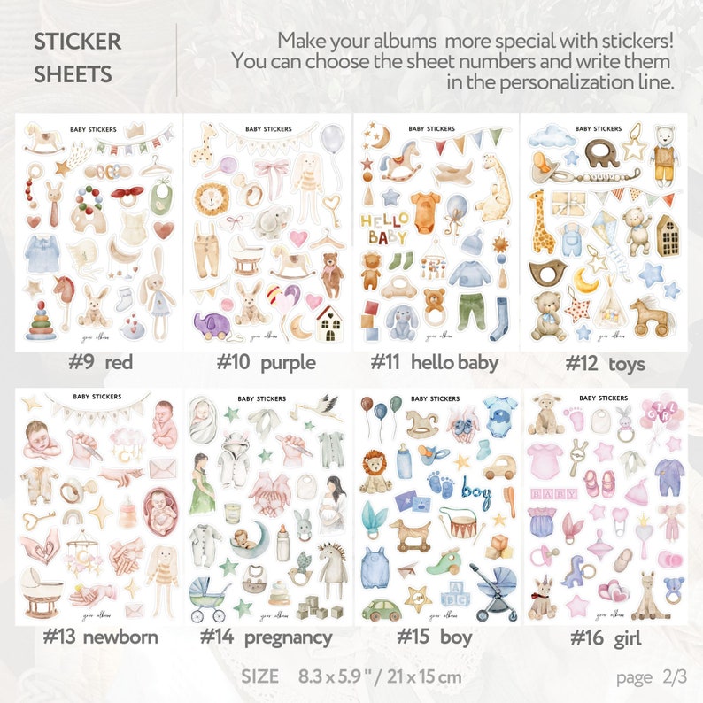 May include: A collection of baby-themed sticker sheets with watercolor illustrations. The sheets include various designs such as toys, baby clothes, and nursery items. Each sheet is 8.3 x 5.9 inches.