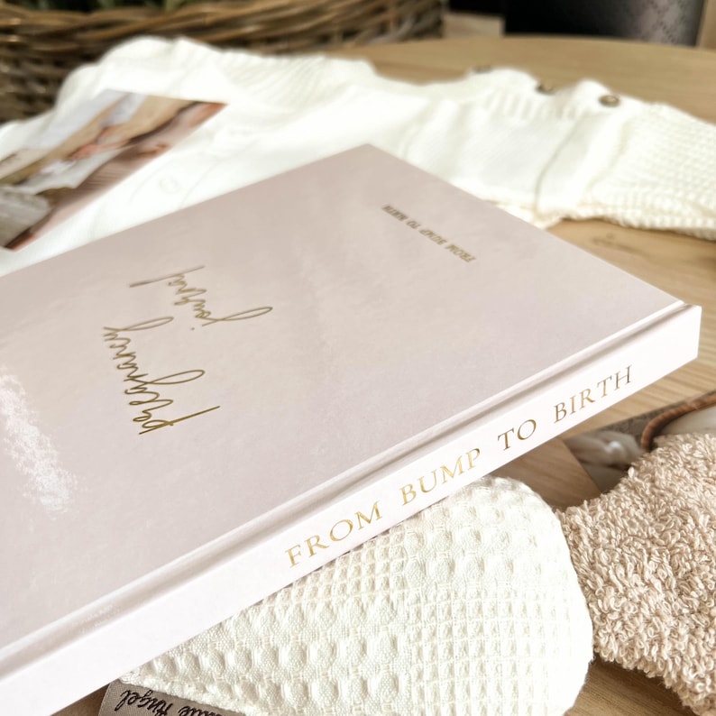 May include: A light pink hardcover journal titled "Pregnancy Journey" with gold lettering, and the words "From Bump to Birth". A white baby sweater and other baby items are in the background.