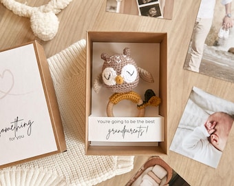 Grandparents Pregnancy Announcement Box with Crochet Toy, Custom Message for Baby announcement gift