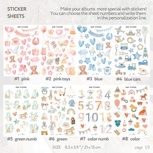 May include: A collection of baby-themed sticker sheets in pink, blue, and green. Each sheet features various illustrations, including teddy bears, stars, and numbers. The sheets measure 8.3 x 5.9 inches (21 x 15 cm).