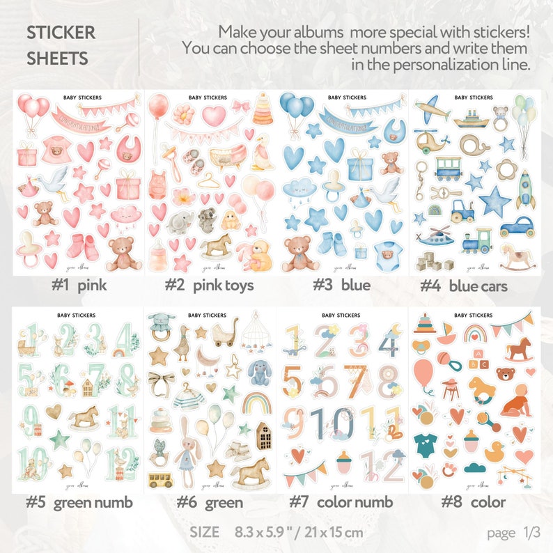 May include: A collection of baby-themed sticker sheets in pink, blue, and green. Each sheet features various illustrations, including teddy bears, stars, and numbers. The sheets measure 8.3 x 5.9 inches (21 x 15 cm).
