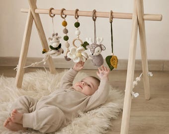 Wooden Baby Play Gym, Baby  Shower Gift - Montessori play toys, Hanging Crochet toys for newborn