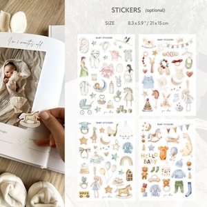 May include: Baby-themed sticker sheets with various illustrations, including baby clothes, toys, and a rocking horse. The stickers are in soft pastel colors and are designed to be used in a baby book. The size of the sticker sheets is 8.3 x 5.9 inches.