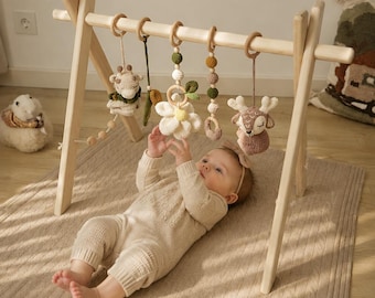 Wood Baby Gym - Baby toys Montessori, Baby play mat with Hanging Crochet toys