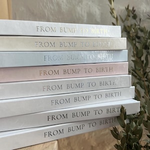 May include: A stack of books with the title "FROM BUMP TO BIRTH" in gold lettering. The books are in various pastel colors, including white, beige, light blue, and pink. The books are stacked on top of each other.