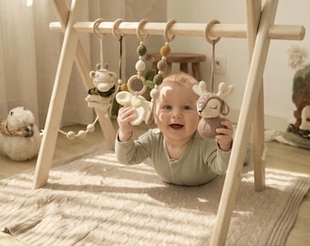 Wooden Baby Gym Play Arch with Crochet toys, Baby Mobile Montessori play toys, Baby shower gift