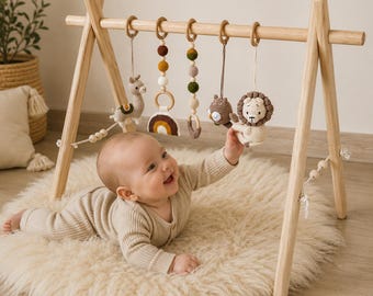Wooden Baby Gym Play Arch with Hanging Crochet toys, Baby shower gift, Baby Montessori play toys