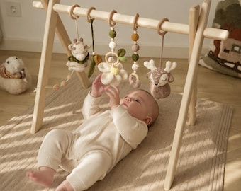 Wooden Baby Gym Play Arch with Hanging Crochet toys, Baby shower gift, Baby activity gym