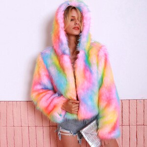 Club Street Short Soft Fur Coat Tie Dye Hooded Long Sleeve Fur - Etsy