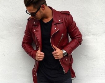 provincie Gezondheid regeling Men's Burgundy Genuine Leather Biker Jacket With Belt - Etsy