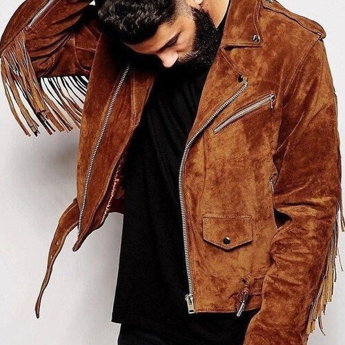 Men's Brown 100% Pure Suede Leather Fringe Jacket Midwest - Etsy