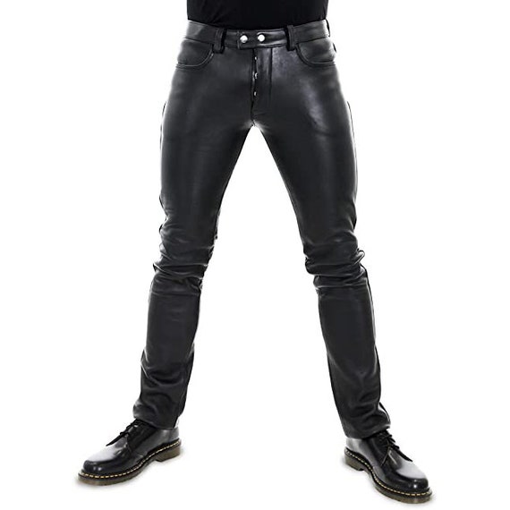 skinny black leather pants men