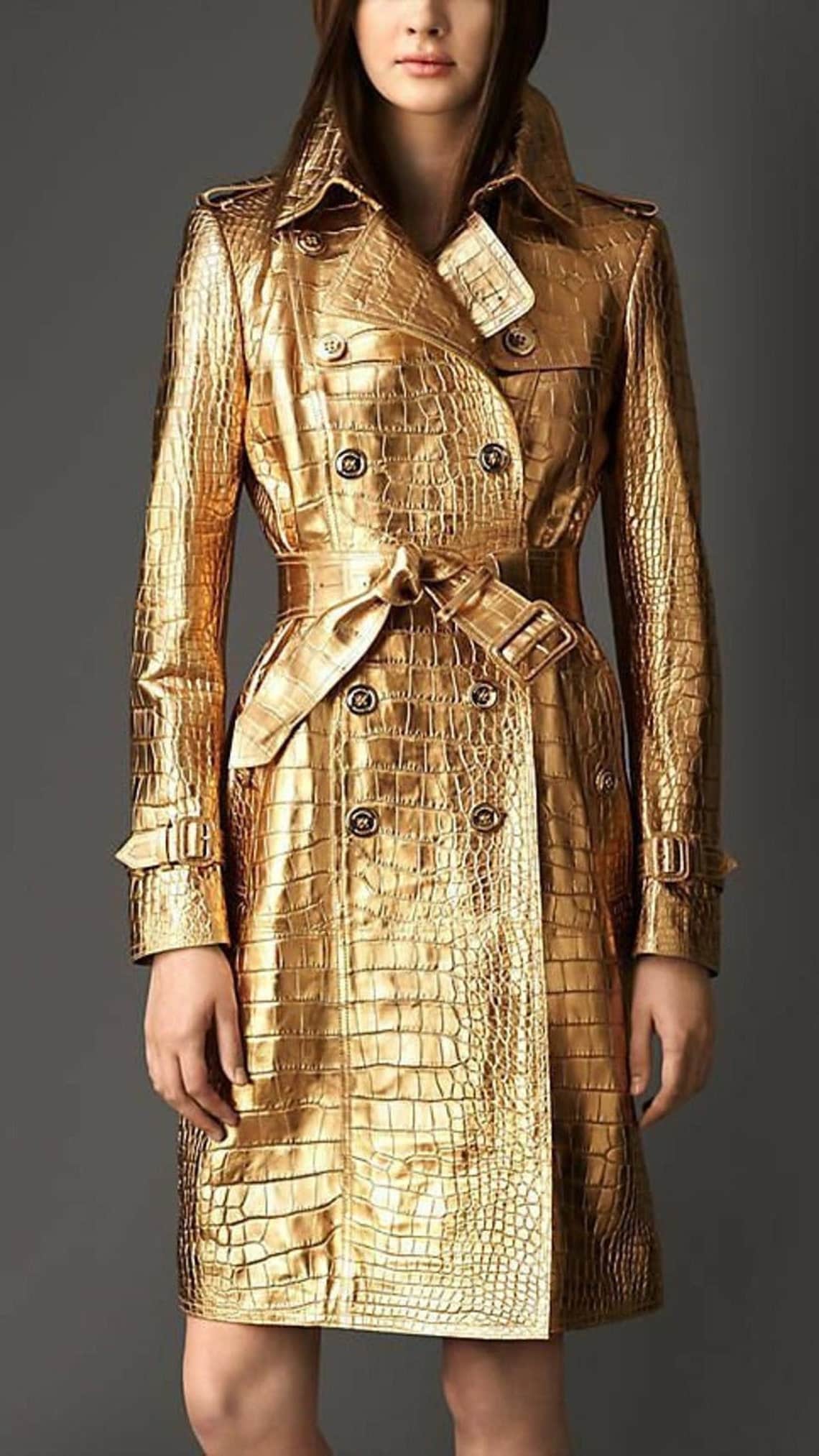 Women's Gold Genuine Crocodile Leather Trench Coat Real -  Finland