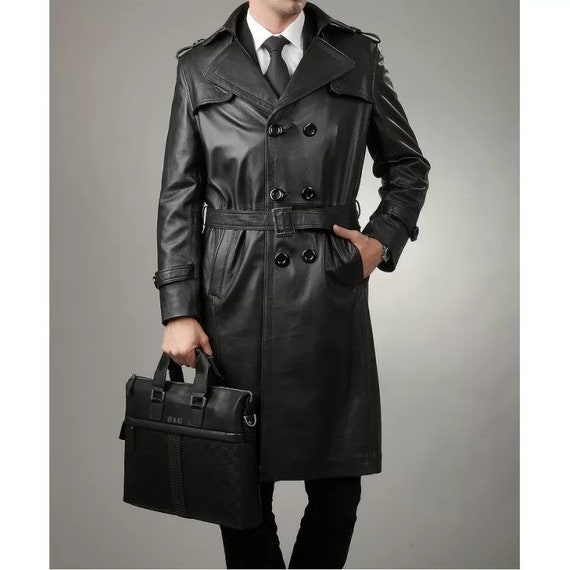 Men Black Leather Trench Coat Men Black Leather Long Coat Etsy UK