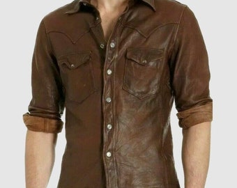 Brown Leather Shirt - Etsy Australia