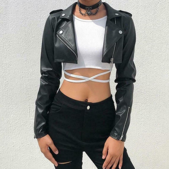 Women's BLACK Genuine Lambskin Leather Crop Moto BIKER - Etsy Ireland