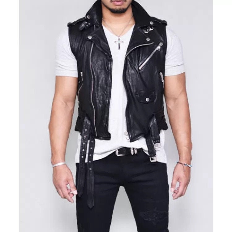 Mens Black Leather Punk Vest . Real Leather Vest . Stylish Etsy Canada
