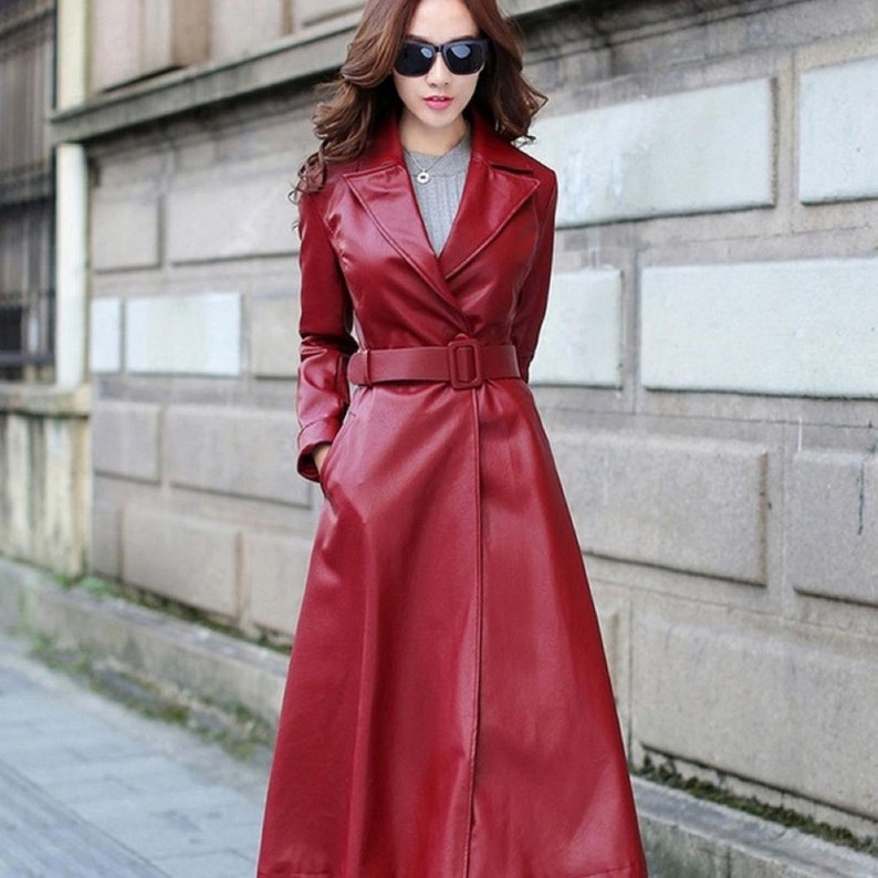 Red Women's Genuine Real Leather Lambskin Long Trench - Etsy