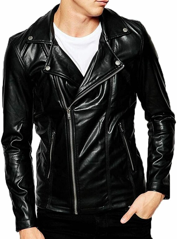 Men Black Leather Slim Fit Motorcycle Jacket Men's Black Etsy