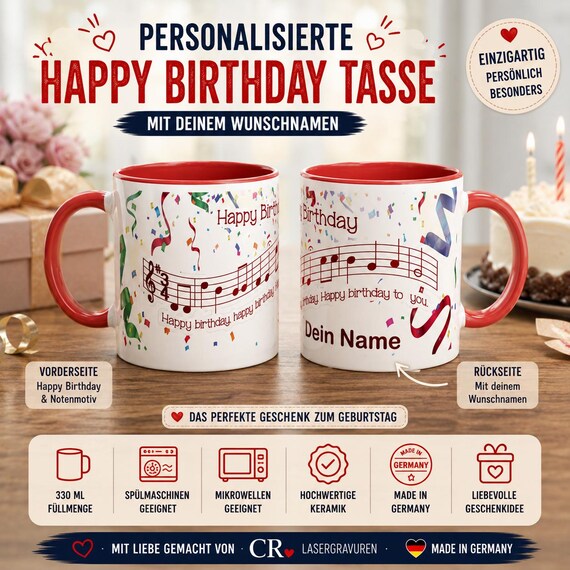 Personalized Birthday Mug | Happy Birthday Sheet Music with Name | Gift for a Female Musician | Cheerful Coffee Mug with Name | 330ml 4 Colors