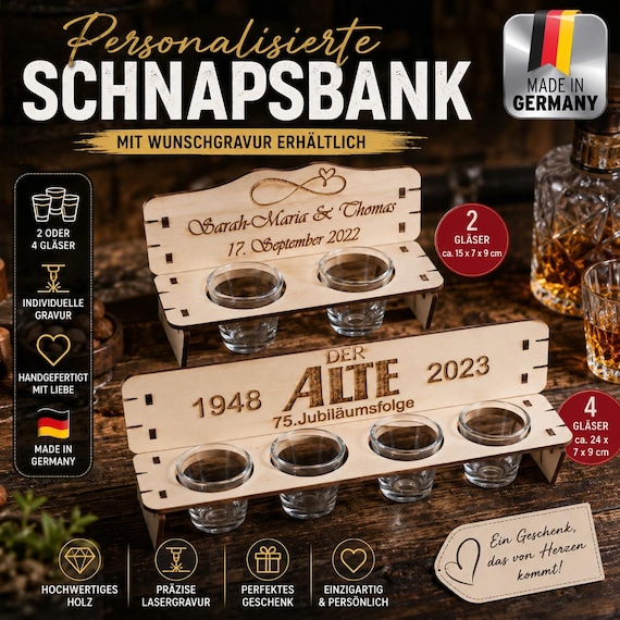 Personalized schnapps bench with engraving, wooden shot bench with 2 or 4 glasses, gift for weddings, birthdays, anniversaries, Father's Day, presents