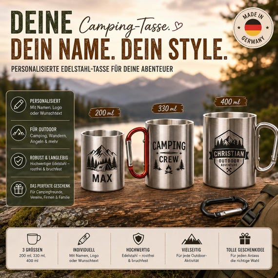Personalized stainless steel camping mug with name or logo | 200, 330, 400 ml | Carabiner | Outdoor mug | Gift for campers