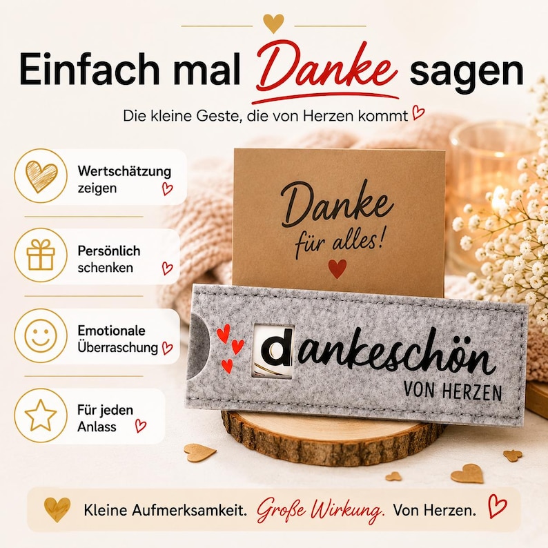 May include: A brown card with the text Danke f&uuml;r alles! and a red heart, paired with a grey felt sleeve featuring the text dankesch&ouml;n VON HERZEN and small red hearts. The image includes German text and icons highlighting appreciation and gifting.
