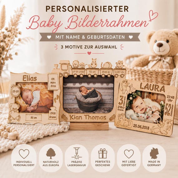 Personalized wooden baby photo frame with birth details | Gift for birth, christening, baby gift with name, date, time, weight, size