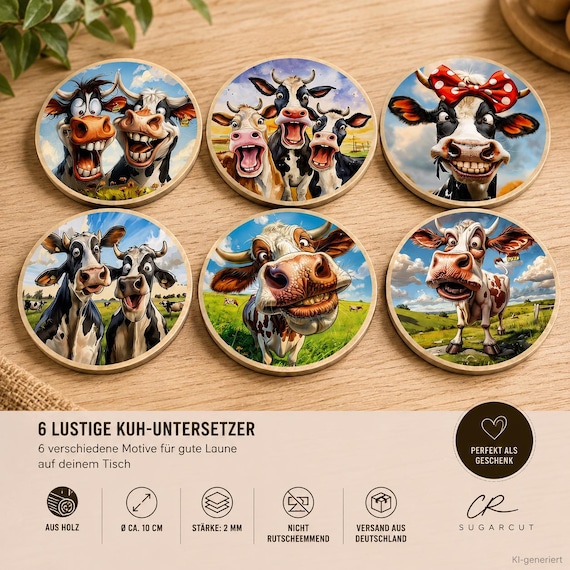 6 Funny Wooden Cow Coasters | Farmhouse Decor | Drink Coasters | Cow Gift | Kitchen Living Room | Table Decoration