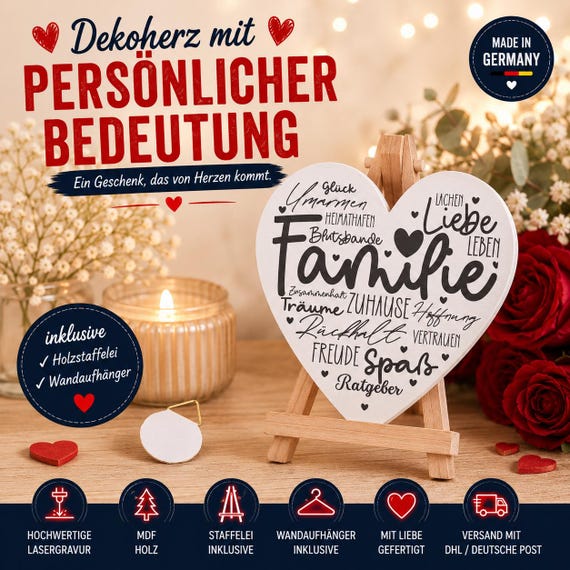 Family Decorative Heart | Laser-Engraved Heart | Gift for Mom, Dad, Grandma, Grandpa | MDF Heart with Easel | Made in Germany | Family Gift