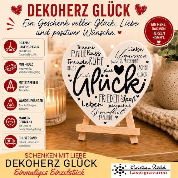 Wooden decorative heart with laser engraving | Heart decoration for standing or hanging | Lucky charm gift | Made in Germany | MDF heart