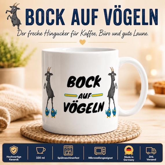 Funny Mug "I'm Up for Birds" - Humorous Coffee Mug with Goat - Gift for Men & Women - Office Mug 330ml