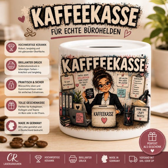 Ceramic coffee fund "Office Heroes", fun money box for office, practice & team, gift for colleague, office and secretary