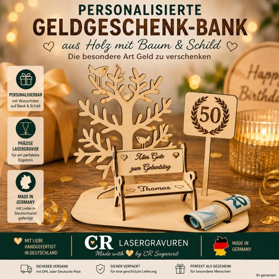 Personalized wooden money gift bank with tree and sign | Birthday, wedding, anniversary, retirement | Made in Germany