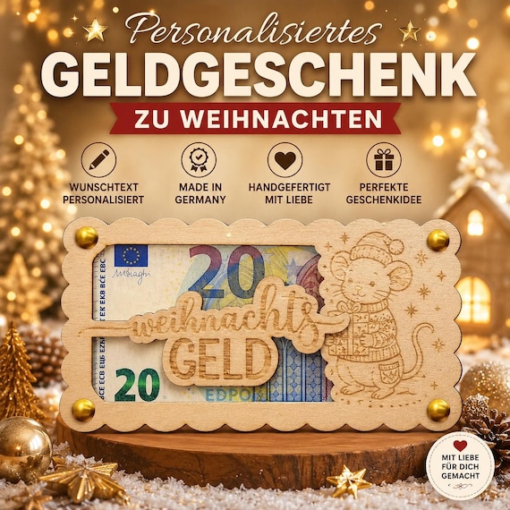 Geldgeschenk Weihnachten aus Holz personalisiert, Kreative Geldgeschenk-Verpackung, Weihnachtsgeschenk mit Text, Geldkarte, Geschenkidee
