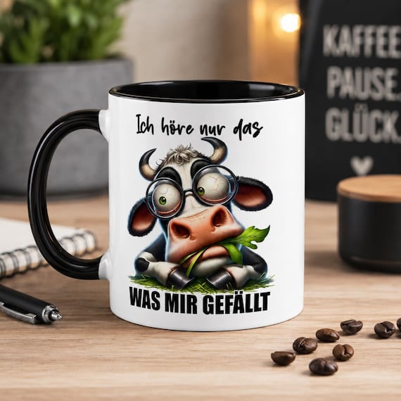 Funny cow mug with saying | I only listen to what I like | Humorous gift for the office | Coffee