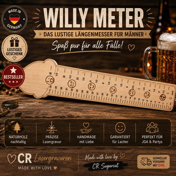 Willy Meter Wooden Ruler | Funny Gift for Men | Stag Party Gift | Gag Gift | Laser Engraved | Made in Germany | Wooden Ruler