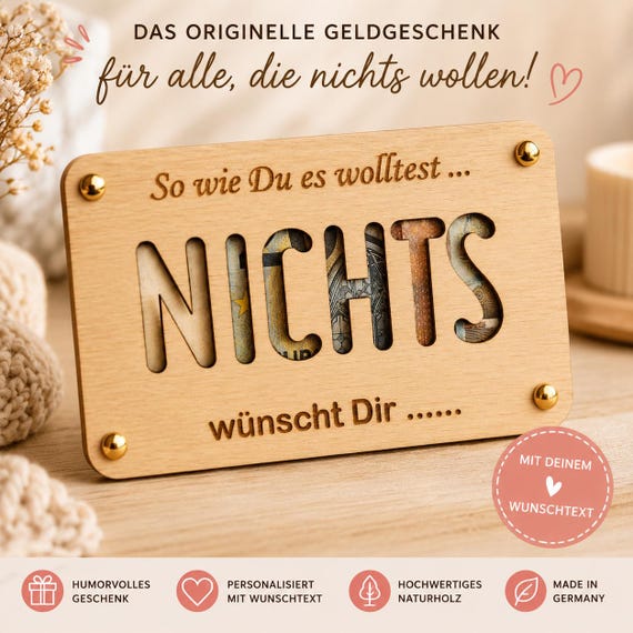Personalized wooden money gift for birthdays, gift idea with engraving for him and her, wooden card for money NOTHING NIX NADA