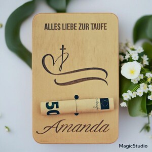 Personalisierte Holzkarte Geldgeschenk – Taufe Kommunion Konfirmation – Graviert mit Name – Geschenk Kirche Kind