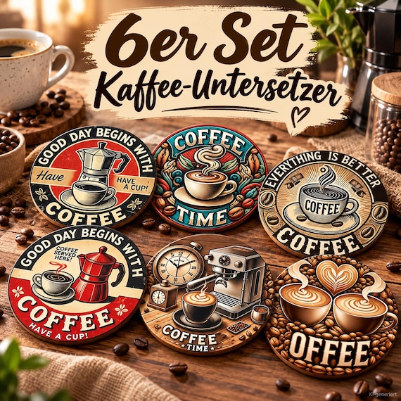 Kaffee Untersetzer 6er Set aus Holz | Vintage Coffee Motive | Retro Kaffeetassen Untersetzer | Geschenk für Kaffeeliebhaber | Ø 10 cm